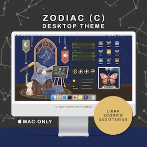 Puede incluir: Una pantalla de ordenador que muestra un tema de escritorio con un tema del zodiaco. La pantalla muestra un fondo de noche estrellada con ilustraciones de un telescopio, un gato y símbolos del zodiaco. El texto en la pantalla dice "ZODIAC (C) DESKTOP THEME" y "MAC ONLY".