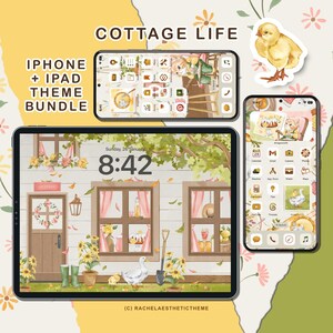 May include: A digital illustration of a cottage with two windows, a door, and a small garden. The cottage is surrounded by green trees and flowers. The image is a digital illustration for an iPhone and iPad theme bundle.