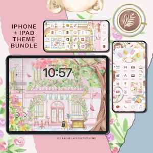 Könnte beinhalten: Eine digitale Illustration eines rosa und weißen Ladengeschäfts mit einer blauen Markise. Das Ladengeschäft ist von Blumen und einem Baum umgeben. Der Text "Montag, 21. Oktober" und "10:57" wird auf dem Bildschirm angezeigt. Das Bild ist eine digitale Illustration für ein iPhone- und iPad-Themenpaket.