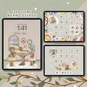 Puede incluir: Tres iPads que muestran el tema "Bear Cottage". El tema presenta osos, uno en una mesa y otro en un columpio, e iconos. El texto "IPAD THEME BEAR COTTAGE" está en la parte superior. La hora es 1:41.