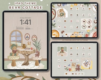 Bear Cottage iPad-thema, neutraal groen iOS26 iPad App Icon Pack, Mushroom App Widget iOS, Aesthetic Handdrawn iPad Wallpaper Pack