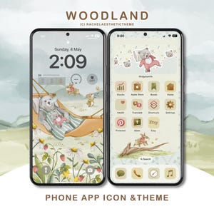 May include: A phone screen with a woodland-themed background and app icons. The background features a bear and a rabbit in a hammock, surrounded by flowers and strawberries. The app icons are in a grid pattern and feature various icons, including a shopping bag, a book, a house, a heart, a compass, and a music note.