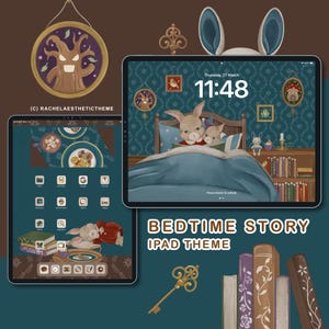 May include: A digital illustration of a bedtime story iPad theme. The background is a blue and green patterned wallpaper with a bookshelf and a bed with two bunnies in it. The time is 11:48. The text "BEDTIME STORY IPAD THEME" is displayed in a white box.