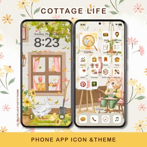 May include: A phone screen mockup with a cottagecore aesthetic. The home screen features a cartoon cat sitting in a rocking chair with a cup of tea. The lock screen features a cartoon duck and a window with a view of a cottage. The text "COTTAGE LIFE" is displayed at the top of the image. The text "Sunday, 26 January" and "8:23" are displayed on the lock screen. The text "9:40" is displayed on the home screen.