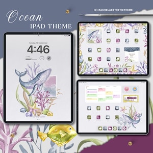 May include: An iPad screen with a watercolor ocean theme. The home screen features a whale, coral, and seaweed. The lock screen shows the time and date. The app icons are themed with ocean elements. The text on the screen reads "Ocean iPad Theme" and "Under the Sea".