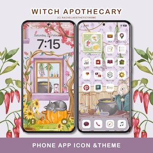 May include: A phone screen with a witchy theme. The background is a purple and pink cottage with a window and a black cat sleeping on a pumpkin. The home screen icons are themed with witchy symbols and colors. The text on the screen says "Saturday, 22 February 7:15".