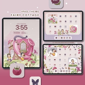 May include: An iPad theme called "Fairy Cottage" with a pink and purple color scheme. The theme includes custom app icons, a lock screen with a fairy house, and a clock that displays the date and time.