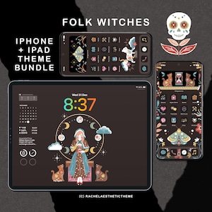 May include: A digital theme bundle for iPhone and iPad, featuring a dark brown background with a folk art witch theme. The design includes illustrations of a moth, cats, and a sugar skull. The text "FOLK WITCHES" and "IPHONE + IPAD THEME BUNDLE" are visible.