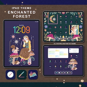 Verzauberter Wald iPad Theme, Dunkel iPad App Icon Pack, Pilz iOS26 Icon Widget, Handgezeichnetes iPad Wallpaper, Tablet Anpassung