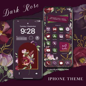 Dark App Icon Pack, Dark Widget for iPhone, iOS26 Icon Dark, Dark iOS18 Icon, Floral Phone Theme, Dark Andriod Icon, Dark Rose iOS Wallpaper
