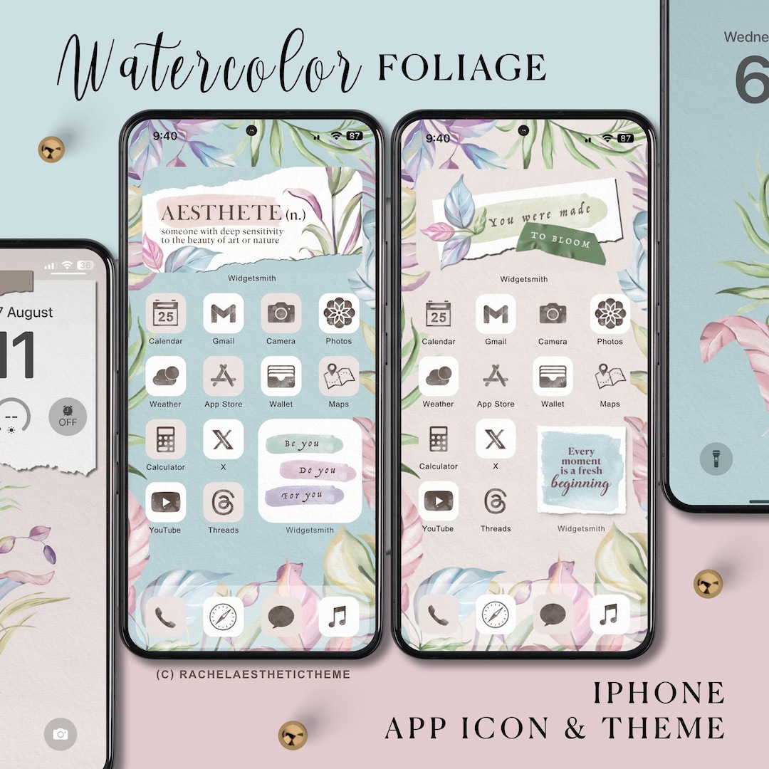 Icono de aplicación con follaje de acuarela pastel, widget de