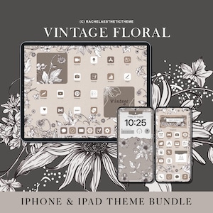 May include: A digital illustration of an iPhone and iPad screen with a vintage floral theme. The screens display a variety of apps with custom icons and a floral background. The text "Vintage" is displayed on the iPad screen. The text "IPHONE & IPAD THEME BUNDLE" is displayed at the bottom of the image.