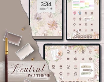 May include: Neutral iPad theme with a floral background and icons for apps like Notes, Calendar, Camera, and more. The theme includes a clock widget with the time 3:34 and the text "Neutral iPad Theme".