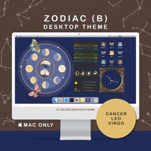 May include: A desktop computer screen displaying a zodiac-themed desktop theme. The screen features a circular design with moon phases, butterflies, and a constellation chart. Text on the screen includes "ZODIAC (B) DESKTOP THEME", "MAC ONLY", and the names of zodiac signs.