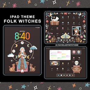 Könnte beinhalten: Drei iPads mit dem Thema "Folk Witches". Der Hauptbildschirm zeigt eine Hexenfigur mit Katzen, eine Uhr und Mondphasen. Andere Bildschirme zeigen App-Symbole, eine Katze in einem Koffer und einen Totenkopf mit einem Kessel. Das Thema hat einen dunkelbraunen Hintergrund.