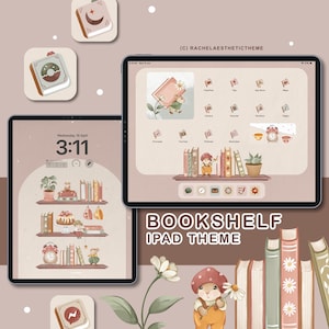 Peut inclure: Une illustration numérique d'un écran d'iPad avec un thème de bibliothèque. L'écran montre une bibliothèque avec des livres, une horloge et une plante. L'arrière-plan est de couleur brun clair. Le texte "BOOKSHELF IPAD THEME" est affiché sous l'écran.