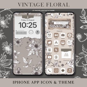 Vintage Floral iOS26 Icon and Phone Wallpaper Pack, Retro iPhone Theme, Handdrawn Beige Android App Icon