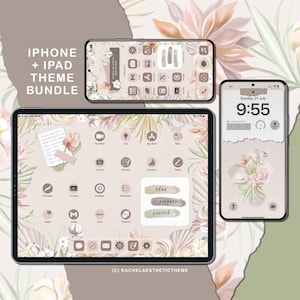 Boho Beige iOS Theme Bundle, iOS17 Neutral, App Icon Beige, iOS18 Icon, iPhone App Icon, iPad Wallpaper Floral, Phone Wallpaper, Custom iPad