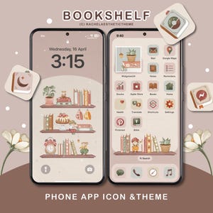 Puede incluir: Una maqueta de pantalla de teléfono con un tema de estantería. El fondo es de color marrón claro con un diseño floral. La pantalla del teléfono muestra una variedad de iconos de aplicaciones, incluyendo Correo, Google Maps, Notas, Recordatorios, Acciones, App Store, Libros, Hogar, Salud, Traducir, Atajos, Ajustes, Pinterest, Biblia y Búsqueda. Los iconos de las aplicaciones están dispuestos en una cuadrícula en una estantería con un fondo marrón claro. La pantalla del teléfono también muestra un widget de reloj con la hora 3:15. El texto "BOOKSHELF" está en la parte superior de la imagen.