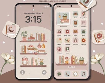Bookshelf App Icon Pack for iOS, Cottage Bookshelf iOS18 Icon, Neutral iOS26 iPhone Icon, Study Phone Theme, Handdrawn Book App Icon Widget