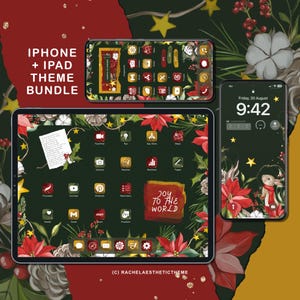 Op de afbeelding: Een digitale telefoon- en tabletvormgeving met een kerstthema. De achtergrond is donkergroen met rode kerststerren, hulstbesjes en gouden sterren. De pictogrammen zijn in een rasterpatroon gerangschikt en zijn goudkleurig met witte contouren. De tekst op het scherm zegt "Joy to the World".