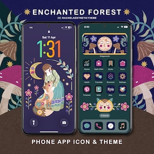 May include: Two smartphones displaying an "Enchanted Forest" theme. The lock screen shows a girl with a fox under a crescent moon. The home screen features custom app icons with a forest theme, including Etsy and Pinterest.