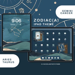 May include: Two iPads showcasing a Zodiac-themed interface. One displays a lock screen with a constellation and the time. The other shows app icons and a tarot card design. The background is a dark teal with gold accents. Text includes "ZODIAC (A) IPAD THEME".
