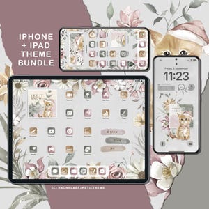 Op de afbeelding: Een digitale telefoon- en tabletvormgeving met een winterthema. De schermen tonen verschillende app-pictogrammen en widgets, waaronder een "Let It Snow"-widget, een "Dream Plan Do"-widget en een klokwidget. De achtergrond heeft een aquarel-illustratie van winterbloemen en een kat.