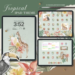 Op de afbeelding: Tropisch iPad-thema met een groene achtergrond en pictogrammen met een toekan, een giraffe en een tijger. De pictogrammen zijn in een raster gerangschikt en bevatten apps zoals Safari, Foto's en Agenda. De tekst "Wild & Free" staat op de pictogrammen.