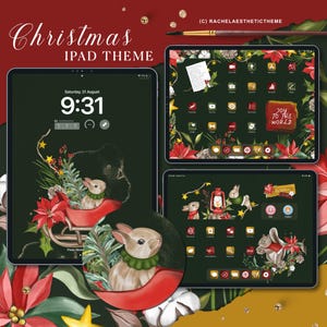 Può includere: Una schermata iniziale iPad a tema natalizio con uno sfondo verde e una varietà di icone. Le icone sono decorate con un tema invernale festivo, tra cui coniglietti, una lanterna e uno scoiattolo. Il testo "Joy to the World" è visualizzato su uno sfondo rosso.