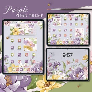 以下が含まれることがあります： 紫色のiPadテーマで、花の壁紙と一致するアイコンがあります。壁紙は薄い紫色の背景に、紫、黄、白の花が描かれています。アイコンはグリッドパターンで配置されており、花、蝶、幾何学模様など、さまざまなデザインが施されています。