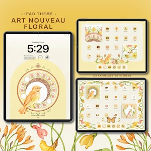 May include: Three iPads displaying an Art Nouveau floral theme. The main screen shows a bird illustration within a circular frame. The other screens showcase app icons with floral and bird accents. The text reads "- IPAD THEME - ART NOUVEAU FLORAL".