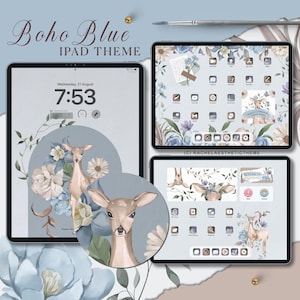 Tema Boho Blue para iPad, tema estético para iOS 26, paquete de iconos azules para iOS 18, tema personalizado para tableta