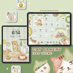 May include: Two iPads showcasing a cat-themed interface with custom icons and a wallpaper featuring a cat bakery scene. The theme includes a lock screen and home screen with a green and beige colour scheme. The text "CAT BAKERY IPAD THEME" is visible.