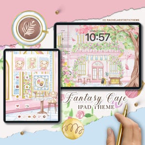 Op de afbeelding: iPad-scherm met een roze en blauwe caféthema met een digitale klok die 10:57 uur aangeeft. Het café is omgeven door bloemen en bomen. De tekst "Fantasy Cafe" en "iPad Theme" wordt op het scherm weergegeven.