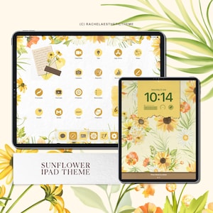 Puede incluir: Una ilustración digital de un tema de iPad con girasoles. El tema presenta un patrón floral amarillo y blanco con un widget de reloj que muestra "Sábado, 8 de julio 10:14". El tema también incluye una variedad de iconos de aplicaciones, que incluyen "Cámara", "YouTube", "Pinterest" y "Recordatorios".