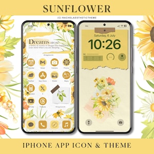 Könnte beinhalten: Ein gelbes und weißes iPhone-Mockup mit einem Sonnenblumen-Thema. Der Startbildschirm zeigt einen gelben und weißen floralen Hintergrund mit App-Symbolen in einem Rasterlayout. Der Sperrbildschirm zeigt einen gelben und weißen floralen Hintergrund mit dem Datum und der Uhrzeit, die als "Samstag, 6. Juli 10:26" angezeigt werden.