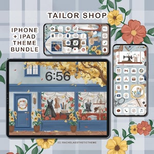 以下が含まれることがあります： 電話とタブレットの画面のデジタルイラストで、テーラーショップのテーマになっています。電話の画面にはミシンとその他のアイコンが表示されています。タブレットの画面には、「テーラーショップ」と書かれた店の正面が表示されています。
