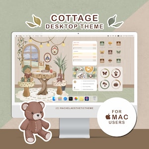 May include: A computer monitor displaying a cottage-themed desktop theme. The screen shows a cozy scene with teddy bears, a table, and a window. The text "COTTAGE DESKTOP THEME" is at the top. A sticker of a teddy bear is in the foreground.