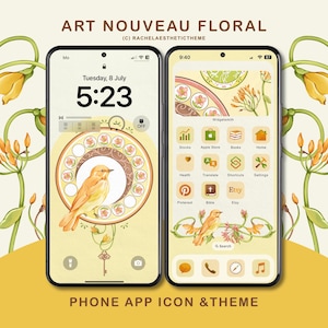 May include: Two smartphones displaying an Art Nouveau floral theme. The lock screen shows a clock design with a bird, while the home screen features app icons, including Etsy. The theme includes floral and bird illustrations, with the text "PHONE APP ICON & THEME".