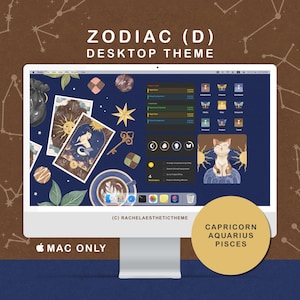 May include: A desktop computer screen displaying a custom Zodiac-themed interface. The screen features a dark blue background with celestial and tarot card-inspired graphics. Text on the screen includes "ZODIAC (D) DESKTOP THEME", "MAC ONLY", and the zodiac signs Capricorn, Aquarius, and Pisces.