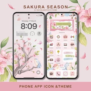 May include: A phone mockup with a pink and white cherry blossom theme. The home screen displays the date and time, "Monday, 17 March 8:09", and a variety of app icons with a cherry blossom design. The lock screen features a pink and white cherry blossom background with the text "CHERRY BLOSSOM" and a pink and white cherry blossom design.