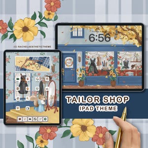 Puede incluir: Una ilustración digital de una pantalla de iPad con un tema de tienda de sastre. La pantalla muestra una tienda con un letrero que dice "Tailor Shop". La tienda tiene una puerta azul y ventanas con maniquíes que muestran ropa. La pantalla del iPad está rodeada de diseños florales.