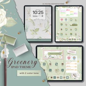 Könnte beinhalten: iPad-Startbildschirm mit einem grünen und weißen floralen Thema. Der Bildschirm zeigt ein Uhr-Widget mit der Zeit 10:25, ein Kalender-Widget und verschiedene App-Symbole. Der Text "Greenery iPad Theme with 2 color tone" ist auf dem Bildschirm sichtbar.