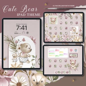 May include: A digital illustration of a cute bear iPad theme. The theme features a pink background with floral accents and a bear wearing a pink bow. The text "Cute Bear iPad Theme" is displayed at the top of the image.