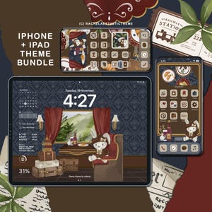 May include: A digital illustration of a phone and tablet screen with a whimsical theme. The screens feature a dark blue background with a repeating pattern, a calendar, a clock, and a scene of a rabbit sitting in a train car with luggage. The phone screen has a brown background with icons for apps like "Easy" and "Pinterest".
