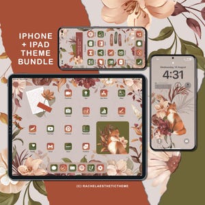 May include: A digital phone and tablet screen mockup with a floral and fox themed icon set. The icons are in shades of brown, green, and orange. The background is a light gray with a floral pattern. The text on the screen says "(C) RACHELAESTHETICTHEME".