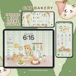Katzen Backen iOS Icon Paket für iPhone und iPad, Katzen App Icon Bündel, Minimalistisches Telefon Thema, Ästhetischer Grüner iPad Bildschirm, Süßes Kätzchen Widget