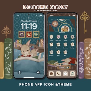 Puede incluir: Una pantalla de teléfono con un tema de cuento para dormir. El fondo es un patrón azul y verde con una imagen de dos conejos leyendo un libro en la cama. Los iconos de las aplicaciones están dispuestos en una cuadrícula con un fondo azul y texto blanco. Los iconos incluyen Acciones, App Store, Libros, Hogar, Salud, Traducir, Accesos directos, Configuración, Pinterest, Biblia, Etsy y Buscar.