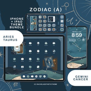 May include: A digital theme bundle for iPhone and iPad, featuring a zodiac theme. The image shows a phone, tablet, and phone screen displaying the Aries, Taurus, Gemini, and Cancer constellations. The background is a dark blue with gold accents.